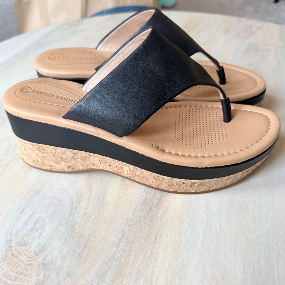 Black leather Wedge Sandals Womens 9 minimalist Cork Platform Thong summer chic - Picture 4 of 7
